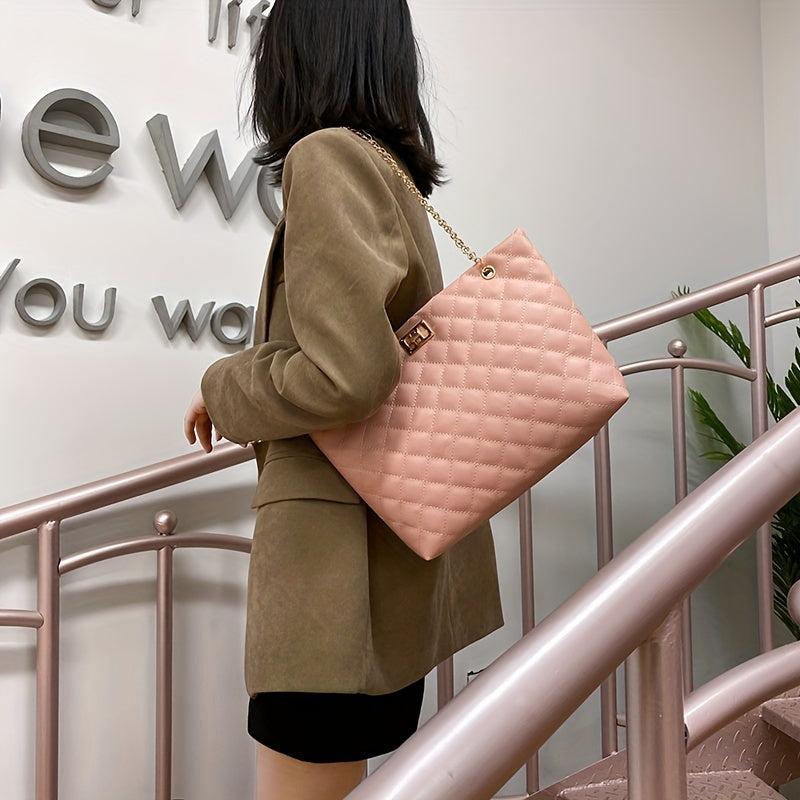 Quilted Chain Tote Bag PU Leather Handbag Women's Large Capacity Shoulder Bag
