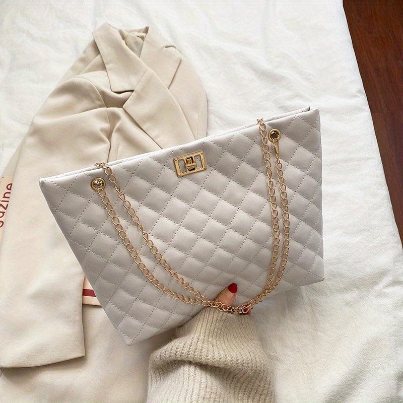Quilted Chain Tote Bag PU Leather Handbag Women's Large Capacity Shoulder Bag