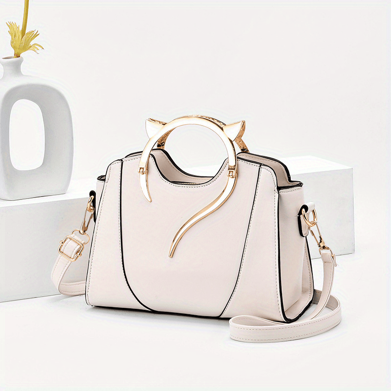 Cat Shape Handle Zipper Bag Solid Shoulder Purse Crossbody Bag