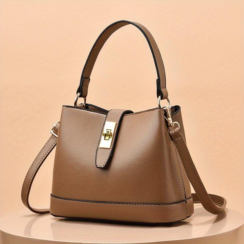 Colocblock Handbag Turn Lock Bucket Bag Women's PU Leather Crossbody Purse