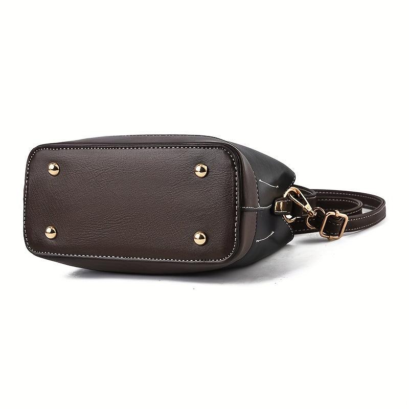 Colocblock Handbag Turn Lock Bucket Bag Women's PU Leather Crossbody Purse