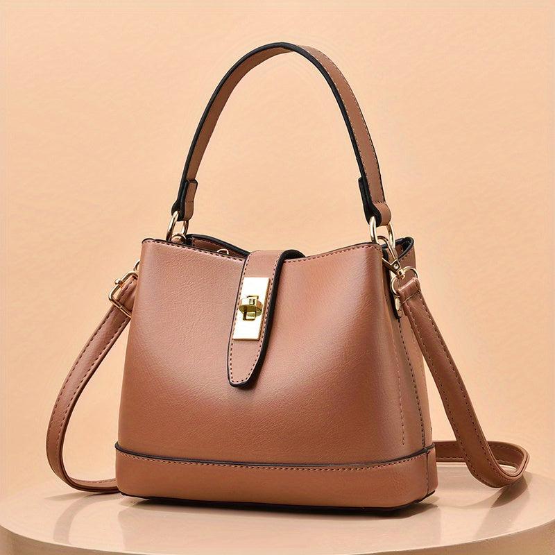 Colocblock Handbag Turn Lock Bucket Bag Women's PU Leather Crossbody Purse