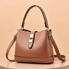 Colocblock Handbag Turn Lock Bucket Bag Women's PU Leather Crossbody Purse