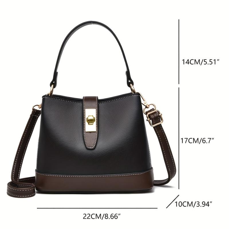 Colocblock Handbag Turn Lock Bucket Bag Women's PU Leather Crossbody Purse