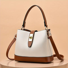 Colocblock Handbag Turn Lock Bucket Bag Women's PU Leather Crossbody Purse