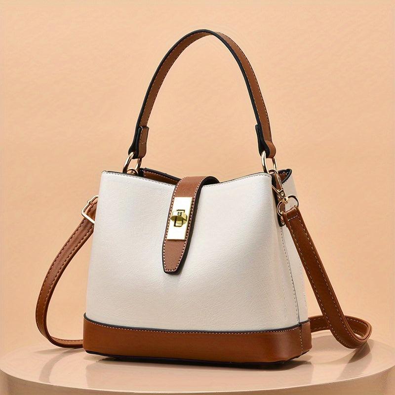 Colocblock Handbag Turn Lock Bucket Bag Women's PU Leather Crossbody Purse