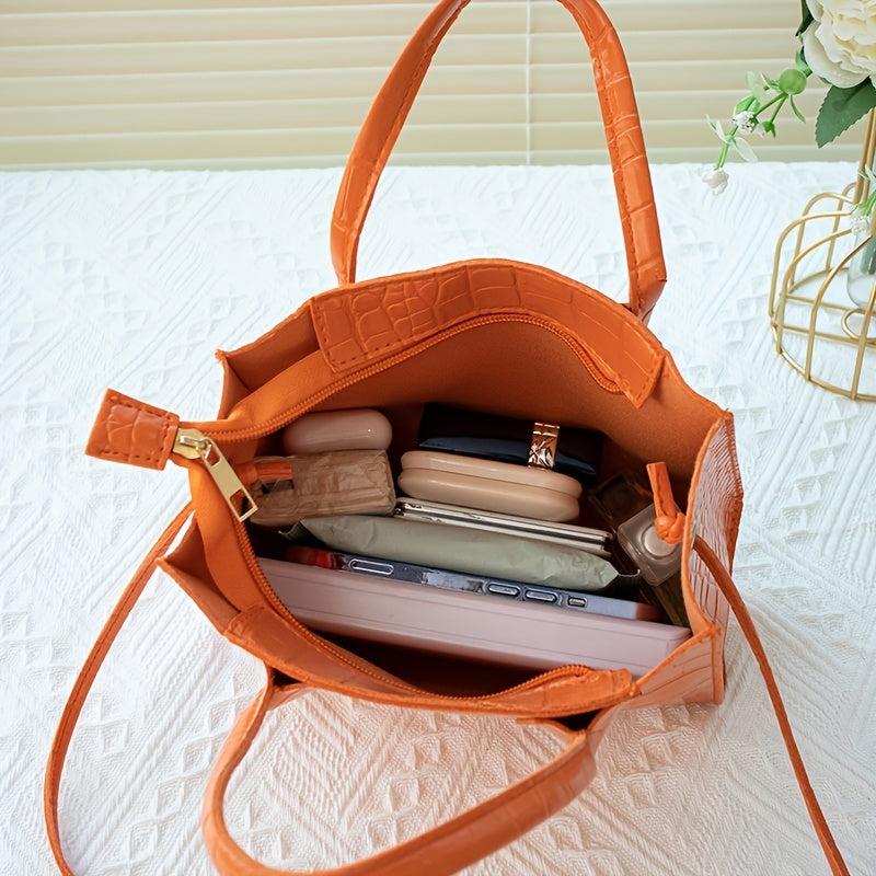 Minimalist Crocodile Embossed Square Handbag Solid Satchel Storage Bag