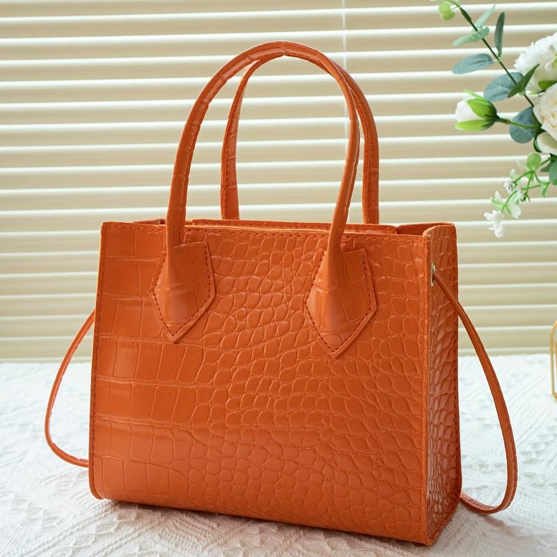 Minimalist Crocodile Embossed Square Handbag Solid Satchel Storage Bag