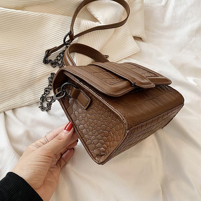 Crocodile Embossed PU Leather Shoulder Bag Flap Square Purse