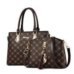 2pcs Printed Tote Bag Set Women's PU Leather Handbag Tassel Decor Crossbody Bag