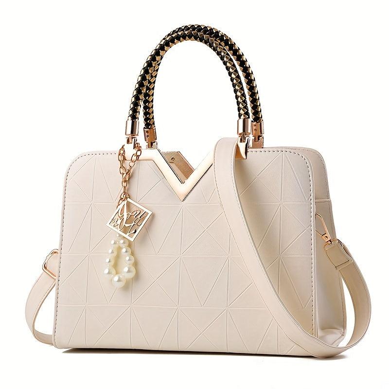 Pearl Decor Top Handle Satchel Tote Bag
