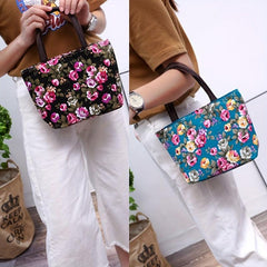 Floral Print Canvas Shoulder Bag Double Handle Handbag