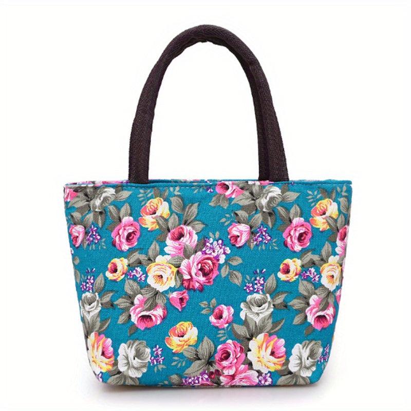 Floral Print Canvas Shoulder Bag Double Handle Handbag