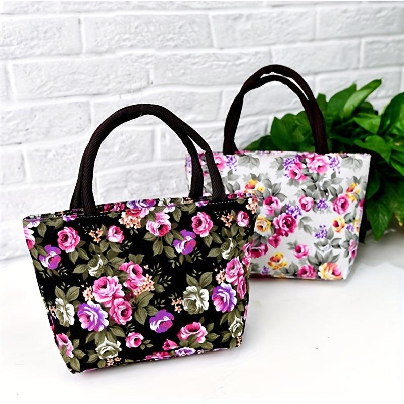 Floral Print Canvas Shoulder Bag Double Handle Handbag