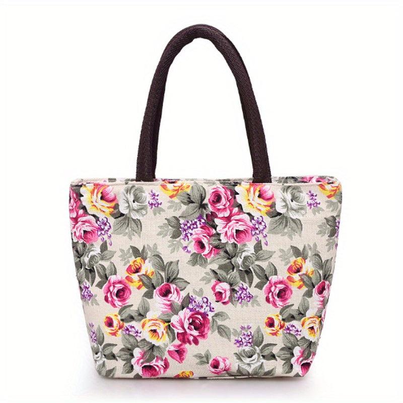 Floral Print Canvas Shoulder Bag Double Handle Handbag