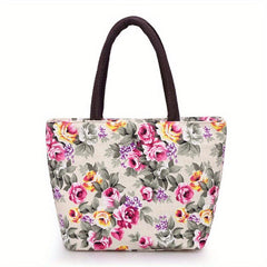 Floral Print Canvas Shoulder Bag Double Handle Handbag