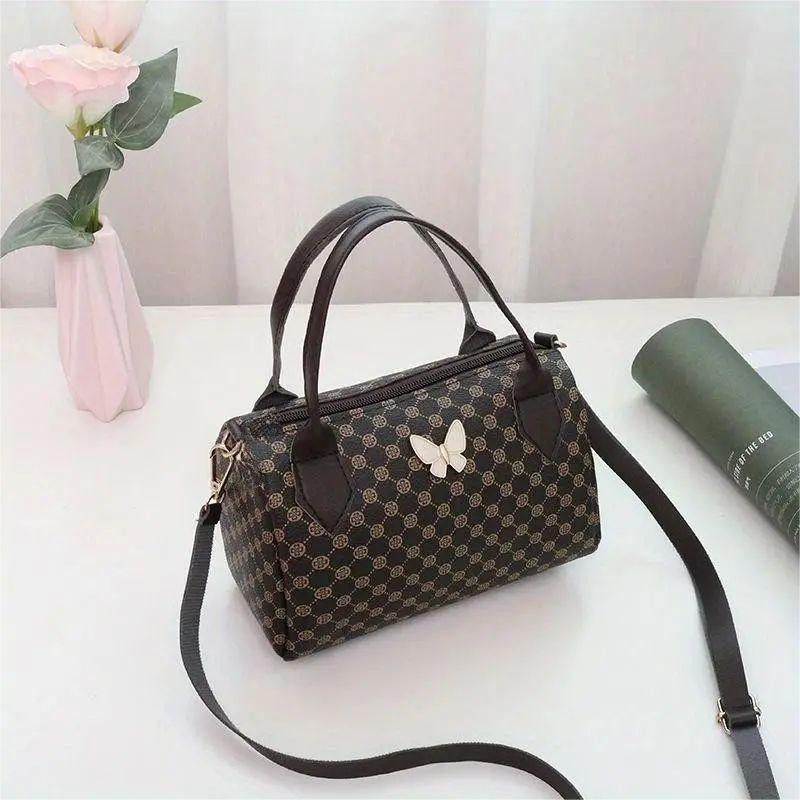 Butterfly Decor Boston Zipper Shoulder Bag