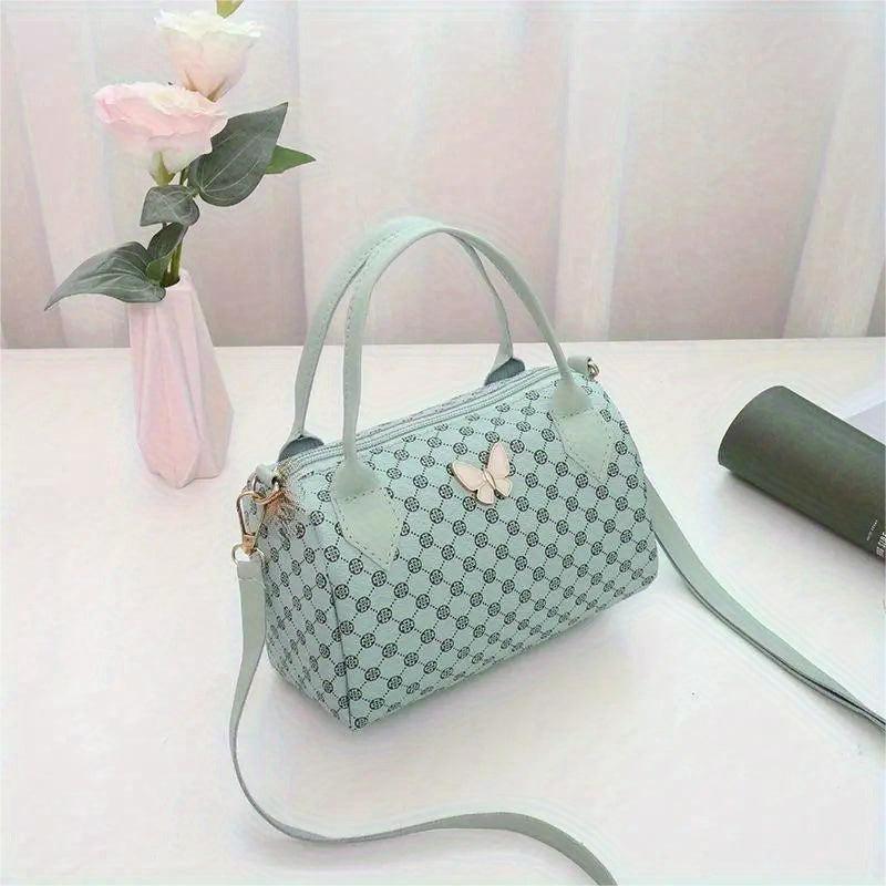 Butterfly Decor Boston Zipper Shoulder Bag
