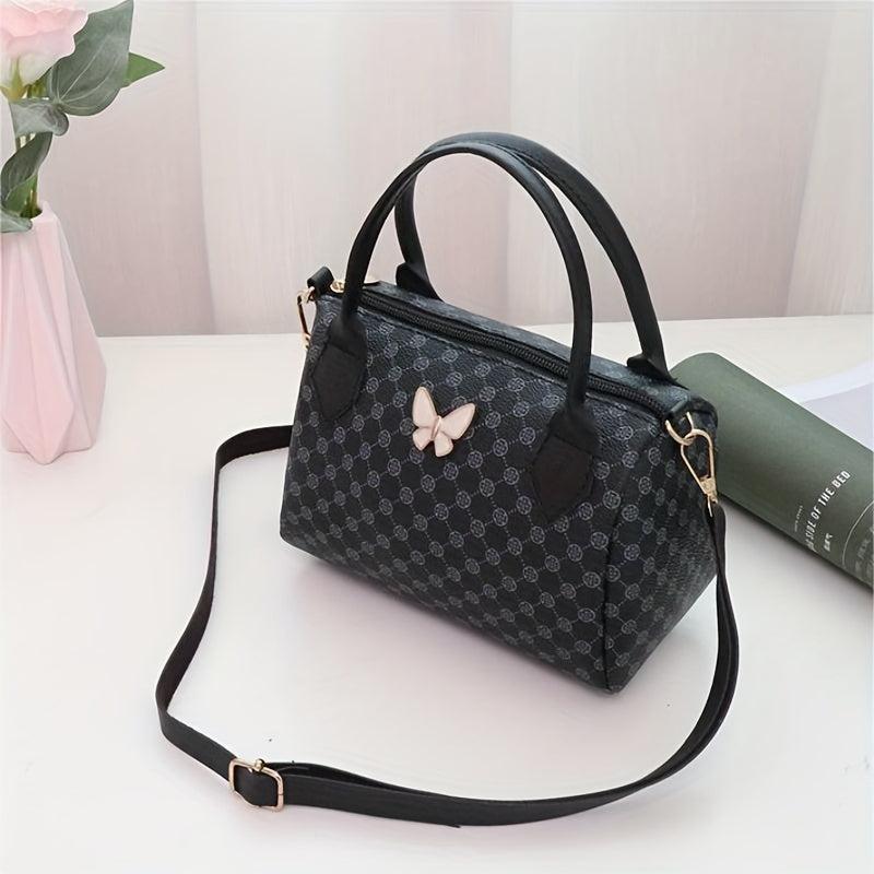 Butterfly Decor Boston Zipper Shoulder Bag