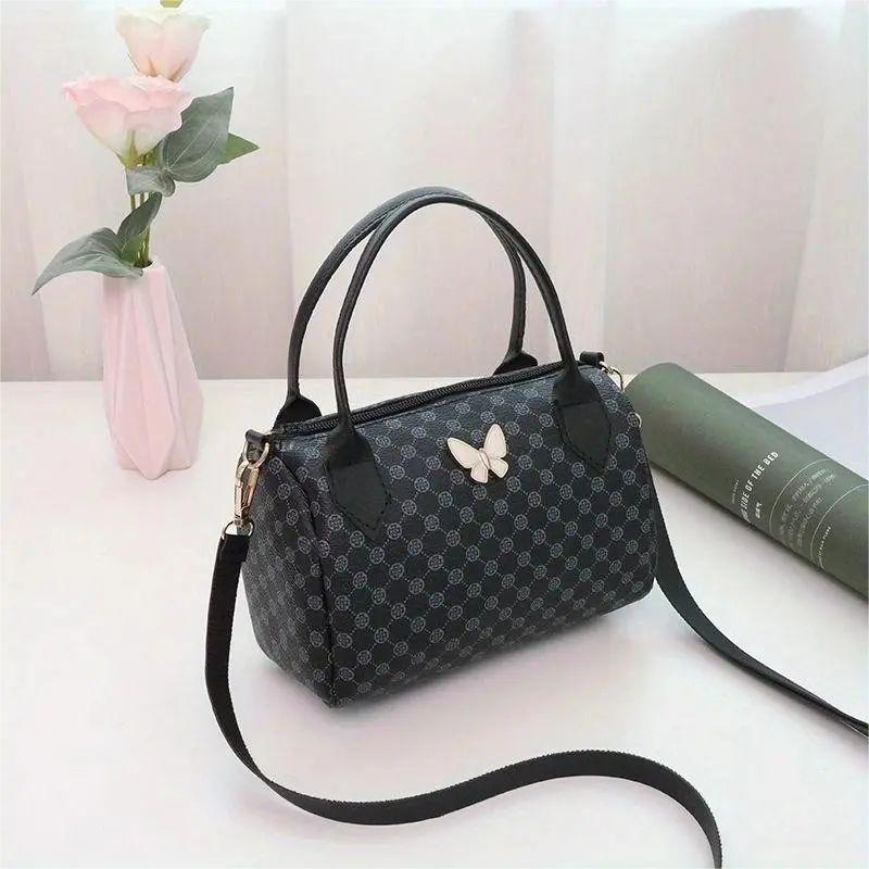 Butterfly Decor Boston Zipper Shoulder Bag