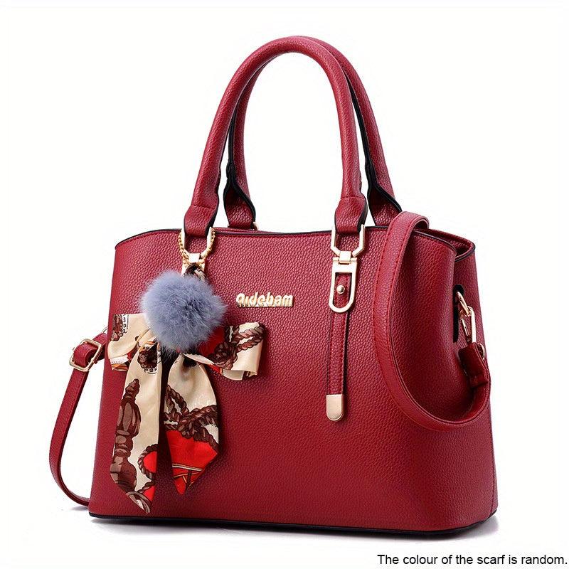 Stylish Scarf Decor Handbag Litchi Pattern Shoulder Bag Women's Work Purse