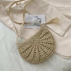 Women's Stylish Woven Beach Bag Saddle Bag Outdoor Travel Versatile