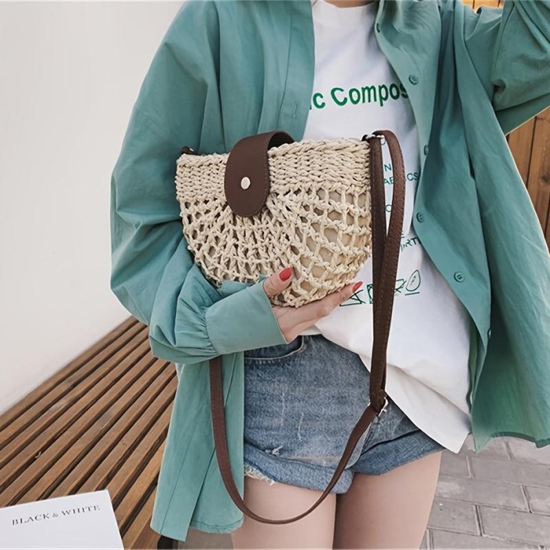 Women's Stylish Woven Beach Bag Saddle Bag Outdoor Travel Versatile