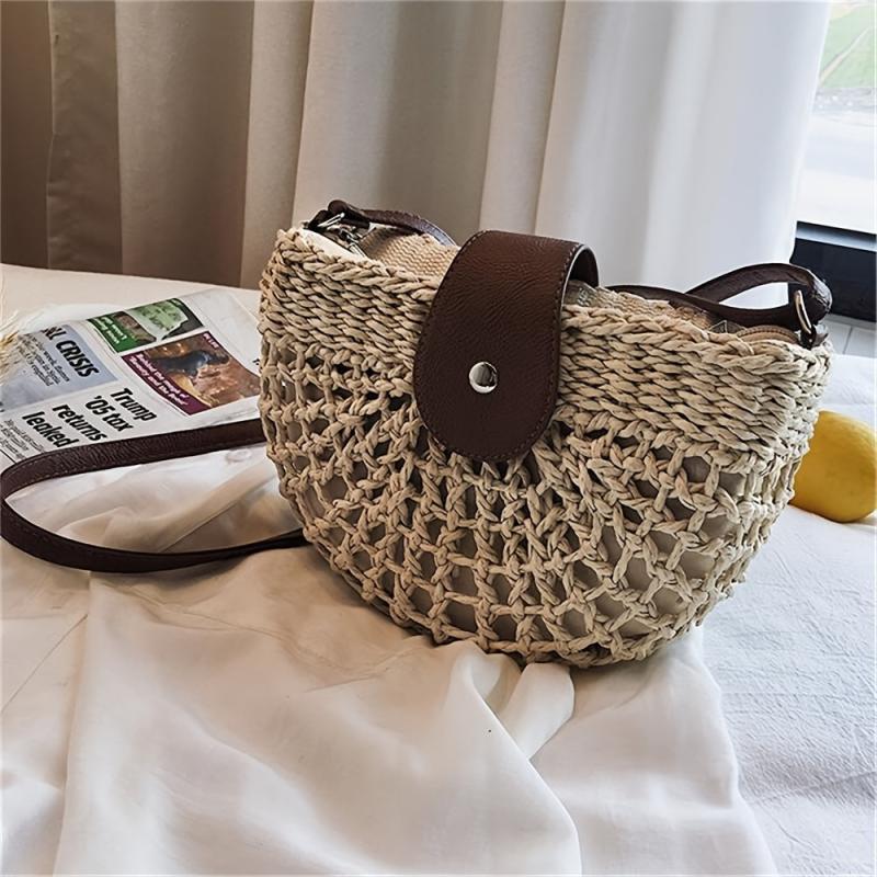Women's Stylish Woven Beach Bag Saddle Bag Outdoor Travel Versatile