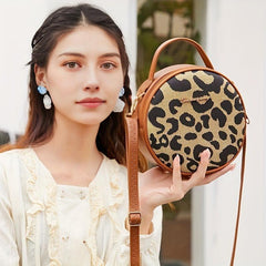 Leopard Pattern Round Bag Zipper Satchel Women's Purse
