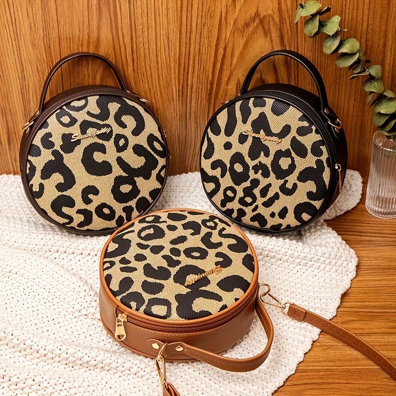Leopard Pattern Round Bag Zipper Satchel Women's Purse
