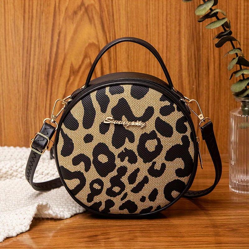 Leopard Pattern Round Bag Zipper Satchel Women's Purse