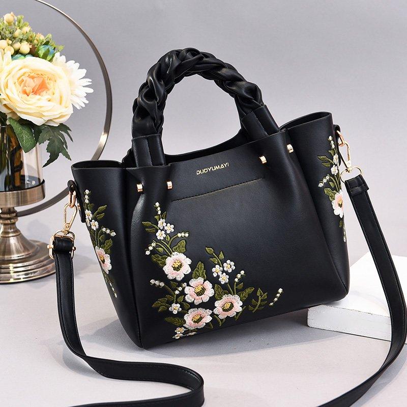 Floral Embroidery Crossbody Bag Braided Handle Purse