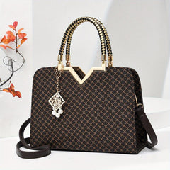 Geometric Pattern Shoulder Bag with Pearl Pendant