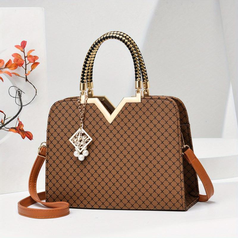 Geometric Pattern Shoulder Bag with Pearl Pendant