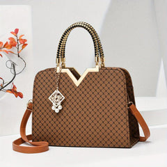 Geometric Pattern Shoulder Bag with Pearl Pendant