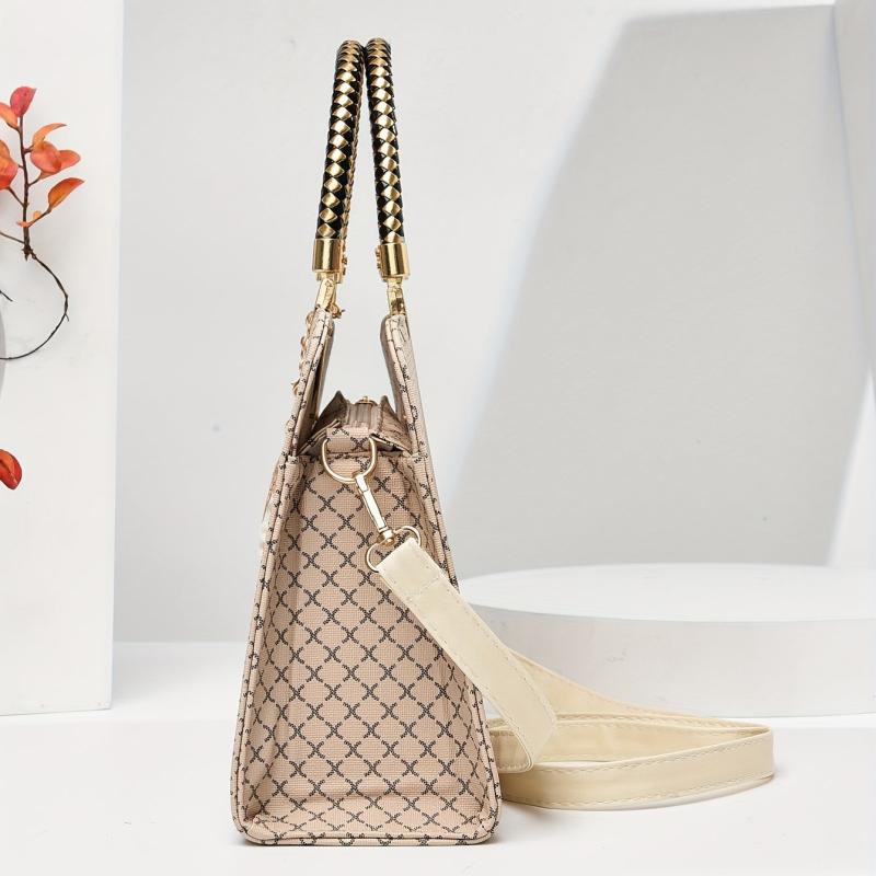 Geometric Pattern Shoulder Bag with Pearl Pendant