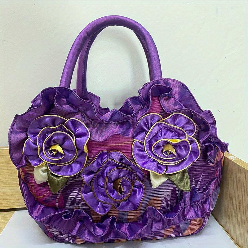 Colorful Flower Decor Ruffle Trim Satchel Bag Hand Zipper Purse