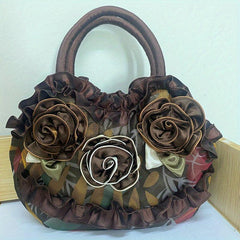 Colorful Flower Decor Ruffle Trim Satchel Bag Hand Zipper Purse