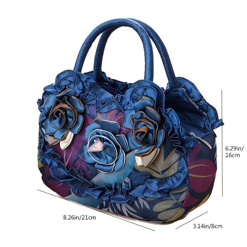 Colorful Flower Decor Ruffle Trim Satchel Bag Hand Zipper Purse