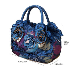 Colorful Flower Decor Ruffle Trim Satchel Bag Hand Zipper Purse