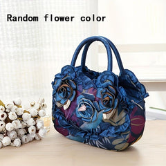Colorful Flower Decor Ruffle Trim Satchel Bag Hand Zipper Purse