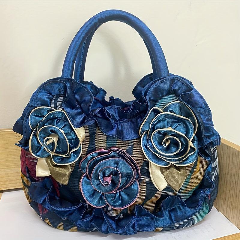 Colorful Flower Decor Ruffle Trim Satchel Bag Hand Zipper Purse