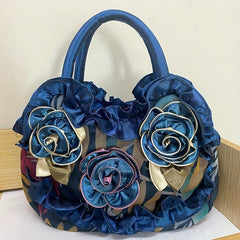 Colorful Flower Decor Ruffle Trim Satchel Bag Hand Zipper Purse