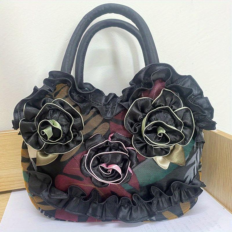 Colorful Flower Decor Ruffle Trim Satchel Bag Hand Zipper Purse