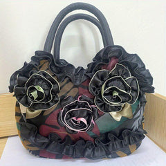 Colorful Flower Decor Ruffle Trim Satchel Bag Hand Zipper Purse
