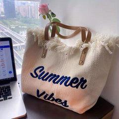 Tassel Trim Tote Bag Women Embroidery Shoulder Bag Canvas Handbags