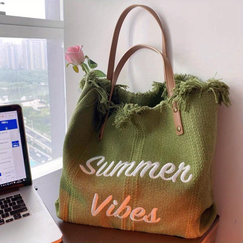 Tassel Trim Tote Bag Women Embroidery Shoulder Bag Canvas Handbags