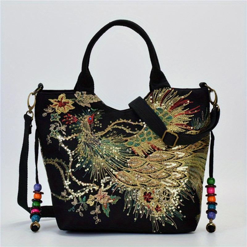 Vintage Peacock Embroidered Canvas Handbag for Women