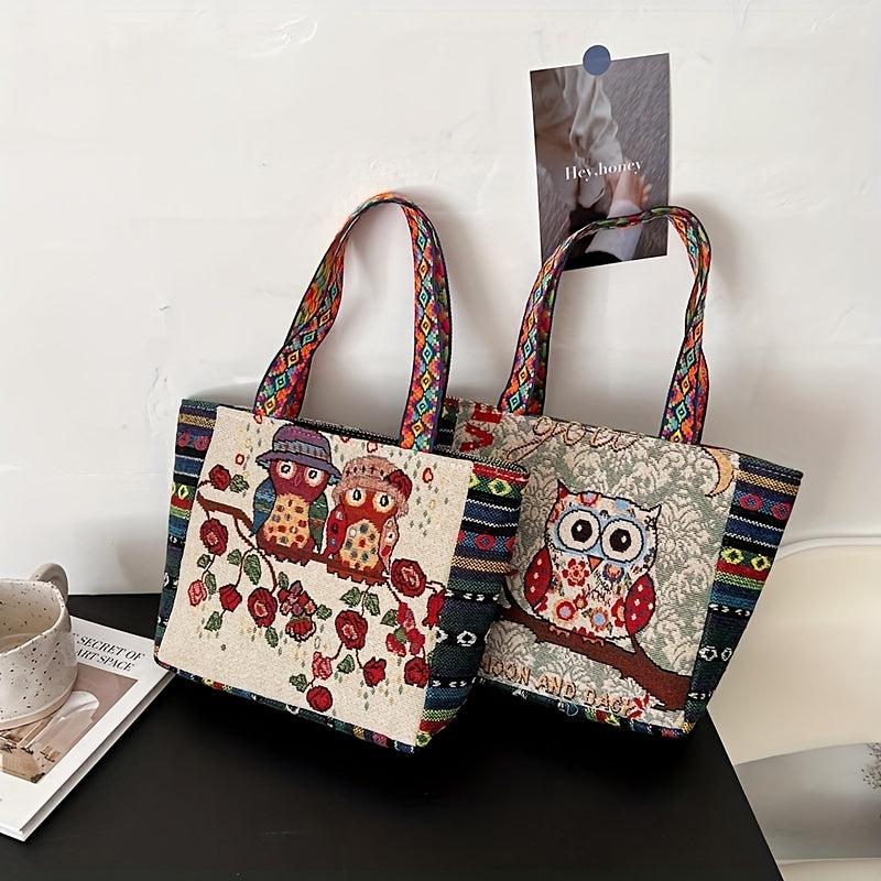 Ethnic Style Owl Embroidered Canvas Tote Bag