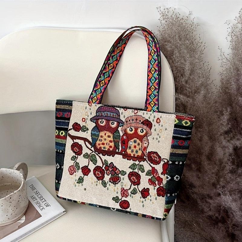Ethnic Style Owl Embroidered Canvas Tote Bag